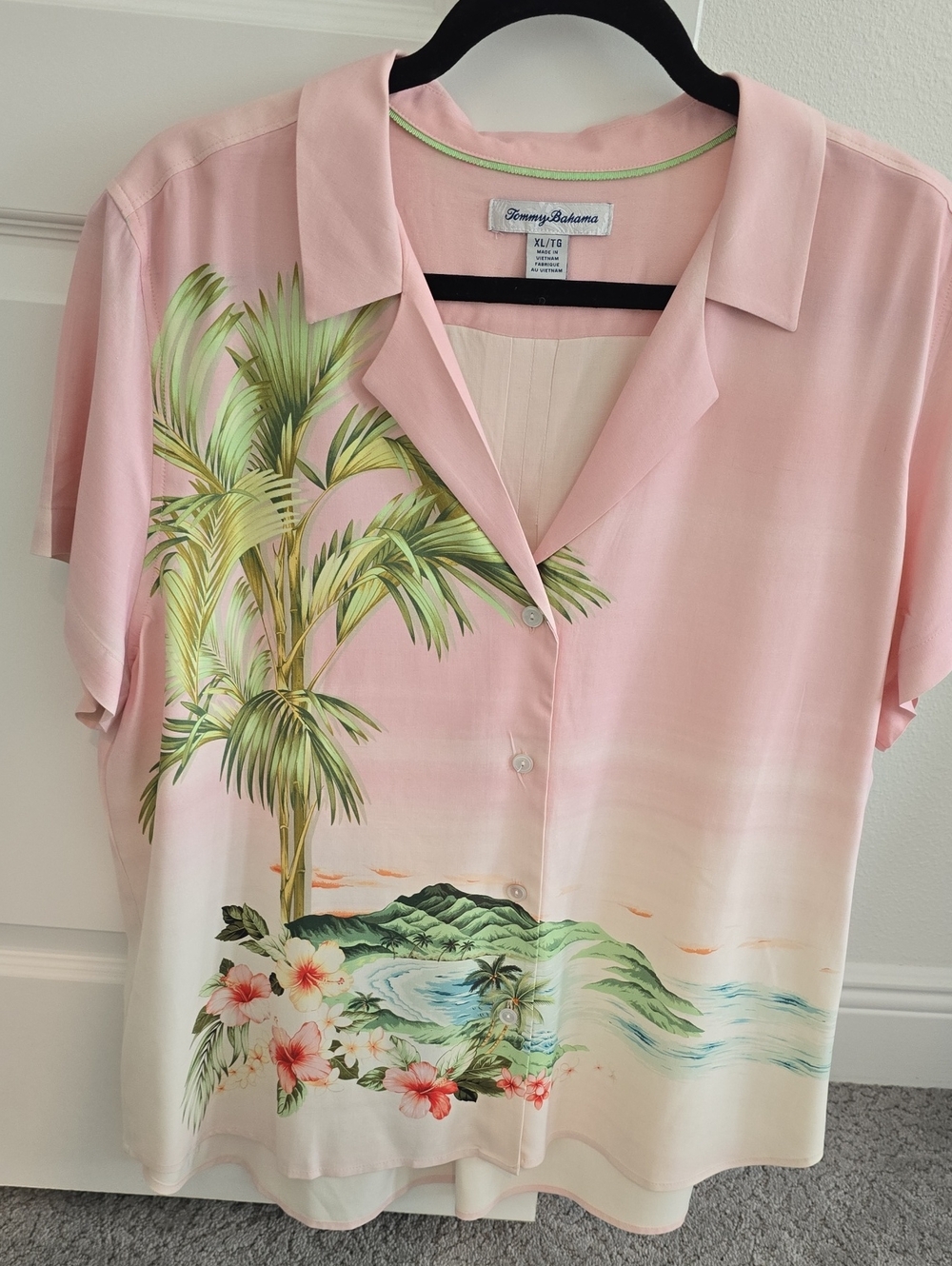 Tommy Bahama Pink and Green Tropical Palm Print Button-Down Shirt